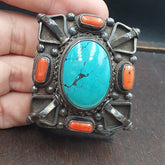 BIG MEN'S VINTAGE Natural Turquoise, Coral 925 Silver Belt buckle Handmade